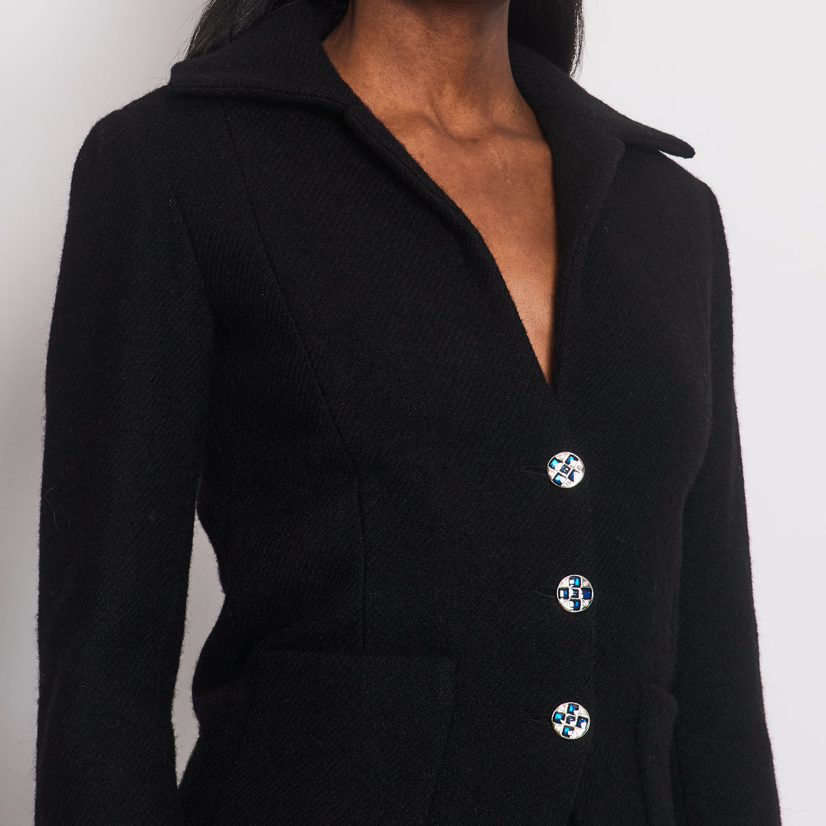 Chanel Jackets? Chanel Black Wool Blazer with Silver and Blue Button Detail Size FR 34 (UK 6) Luxury Designer Outerwear Jacket