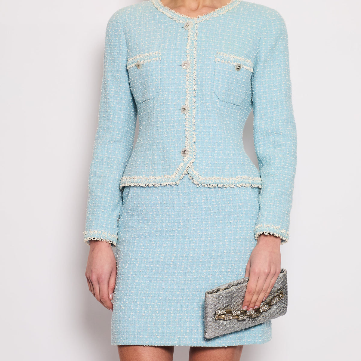 Chanel Jackets? Chanel 97P Baby Blue & White Tweed Blazer and Mini Skirt Set with White Pearl Button Detail Size FR 40 (UK 12) Stylish Everyday Designer Outerwear