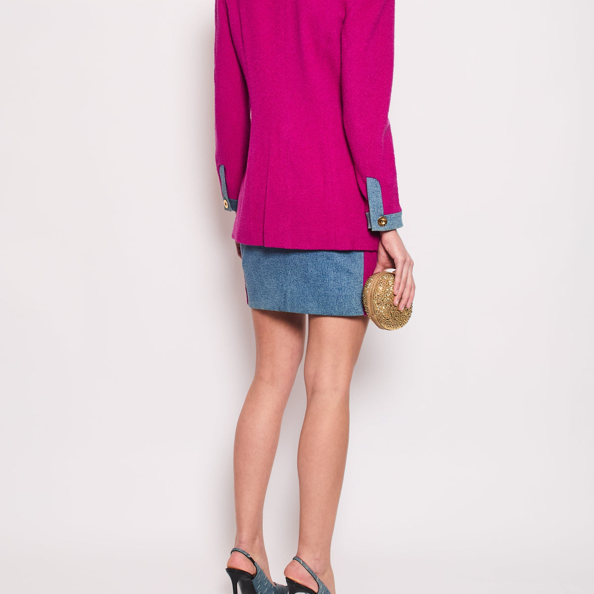 Chanel Jackets? Chanel Fuchsia Pink Tweed Longline Blazer and Mini Skirt Set with Denim Trim & Gold Logo Button Detail Size FR 40 (UK 12) Luxury Designer Outerwear Jacket