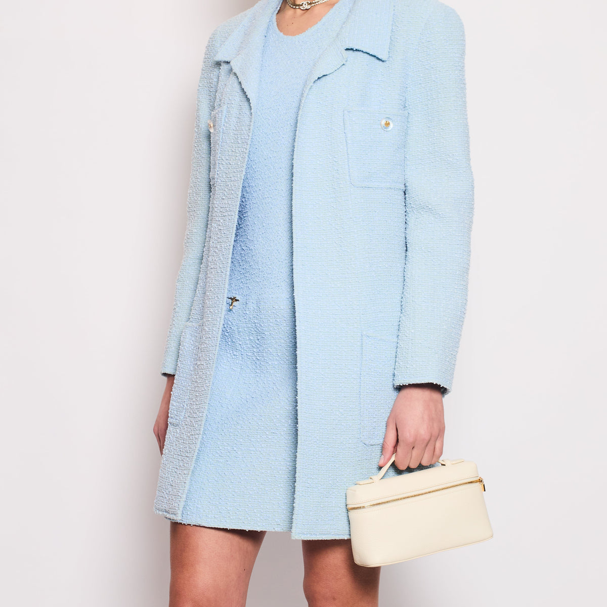 Chanel Jackets? Chanel 97C Light Blue Tweed Longline Blazer and Midi Dress Set with Perspex & Gold Button Detail Size FR 40 (UK 12) Premium Casual Designer Jacket