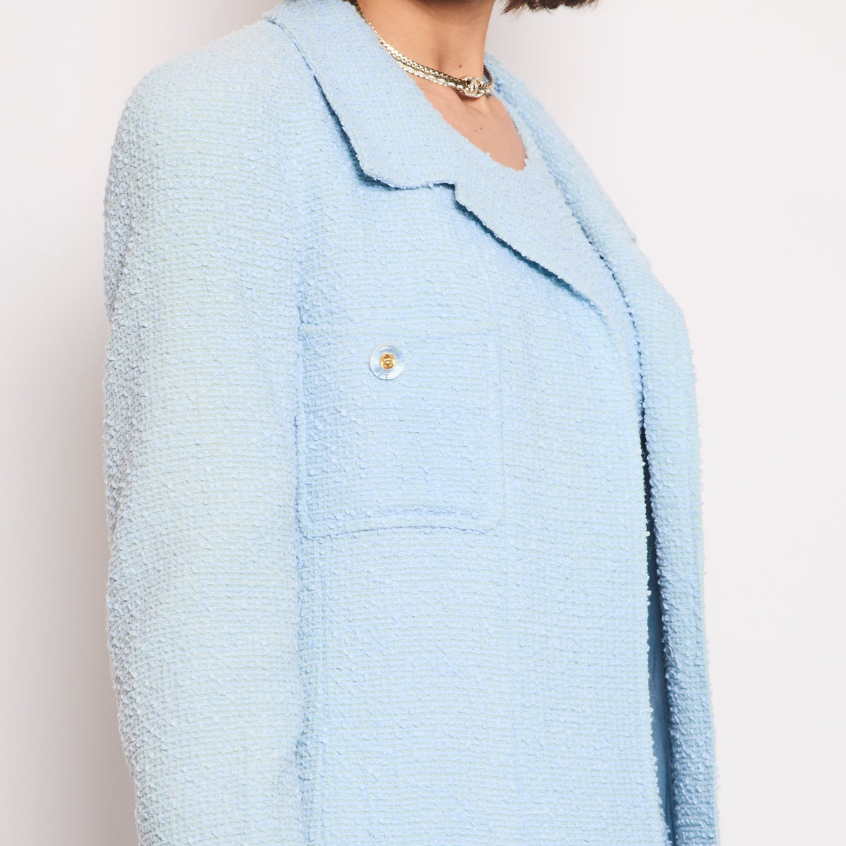 Chanel Jackets? Chanel 97C Light Blue Tweed Longline Blazer and Midi Dress Set with Perspex & Gold Button Detail Size FR 40 (UK 12) Premium Casual Designer Jacket