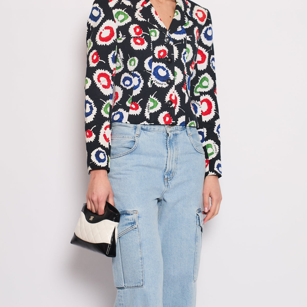 Chanel Jackets? Chanel 97S Black Cropped Cotton Twill Jacket With Multi-Colour Abstract Print Detail FR 42 (UK 14) Stylish Everyday Designer Outerwear