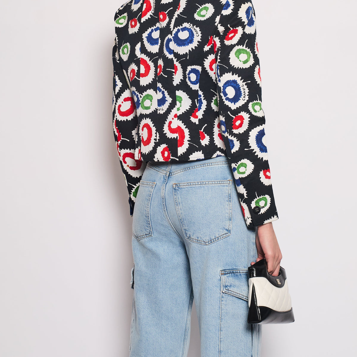 Chanel Jackets? Chanel 97S Black Cropped Cotton Twill Jacket With Multi-Colour Abstract Print Detail FR 42 (UK 14) Stylish Everyday Designer Outerwear