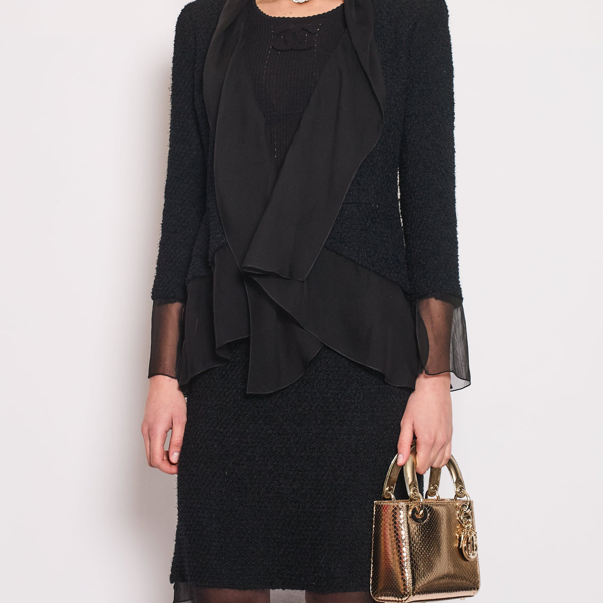 Chanel Jackets? Chanel Black Tweed Jacket and Skirt Set with Silk Trim Details Size FR 36 (UK 8) Luxury Designer Outerwear Jacket
