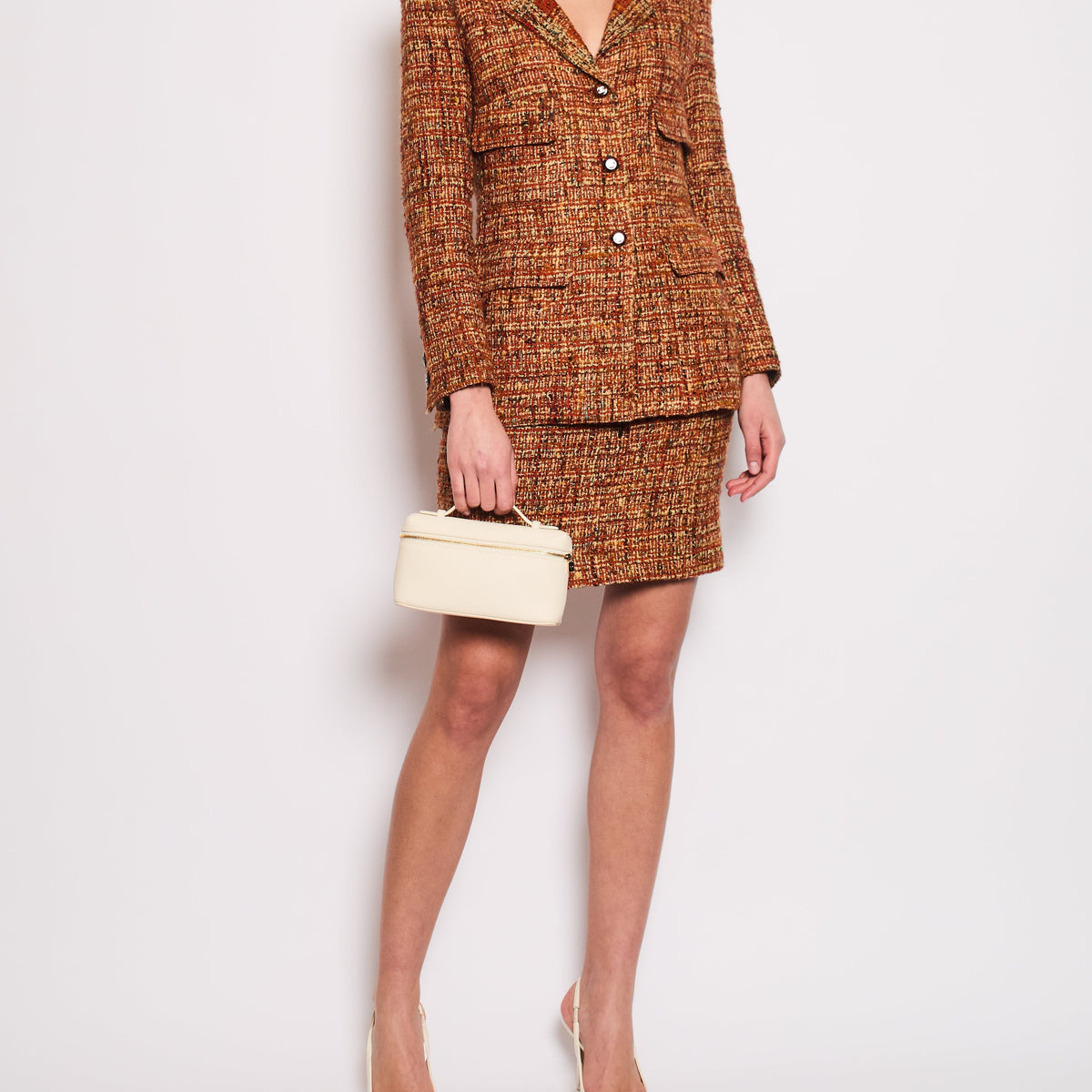 Chanel Jackets? Chanel *HOT* Chanel 98A Vintage Burnt Orange & Multicolour Tweed Long Jacket and Skirt Set with Brown Logo Buttons Size FR 36 (UK 8) Stylish Everyday Designer Outerwear