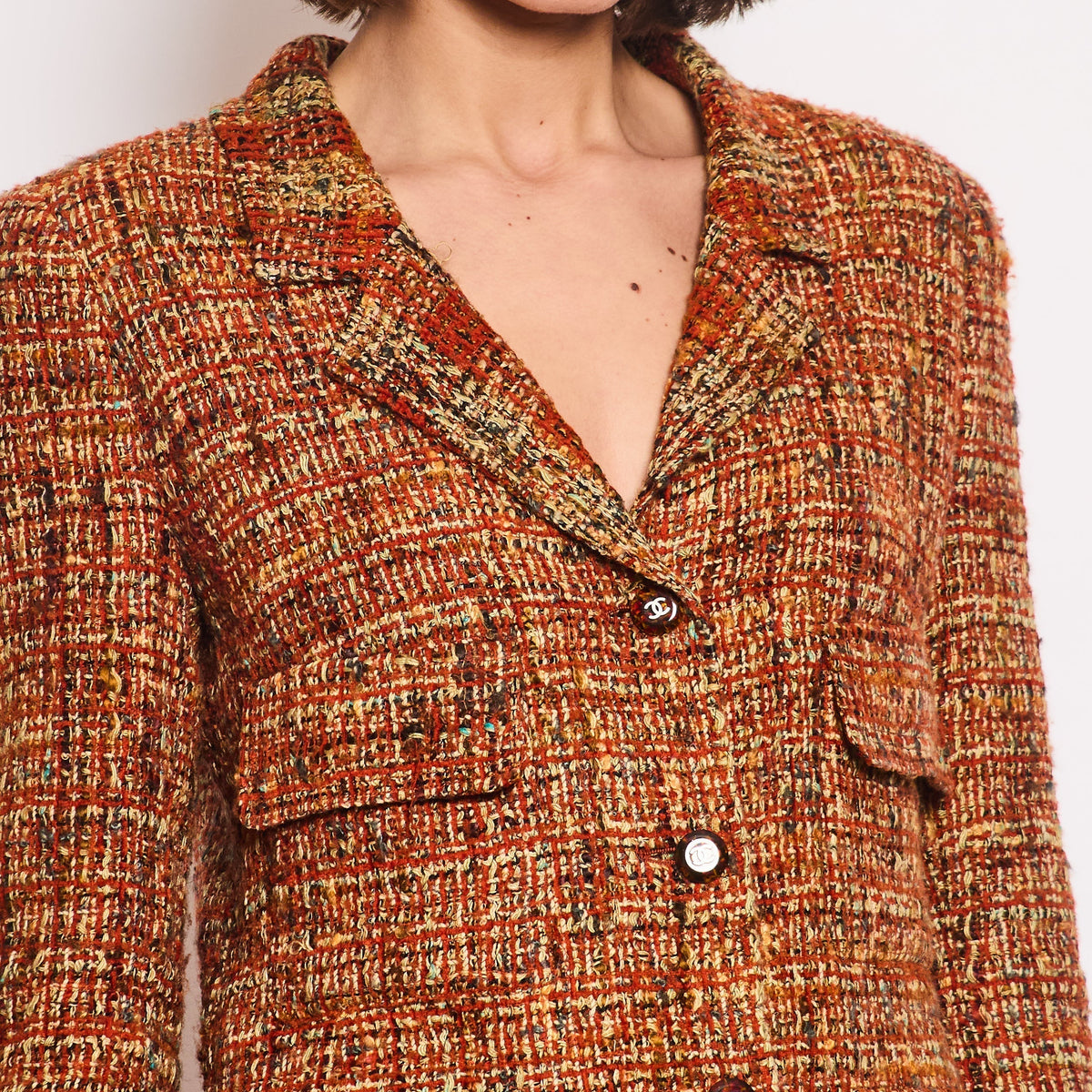 Chanel Jackets? Chanel *HOT* Chanel 98A Vintage Burnt Orange & Multicolour Tweed Long Jacket and Skirt Set with Brown Logo Buttons Size FR 36 (UK 8) Stylish Everyday Designer Outerwear