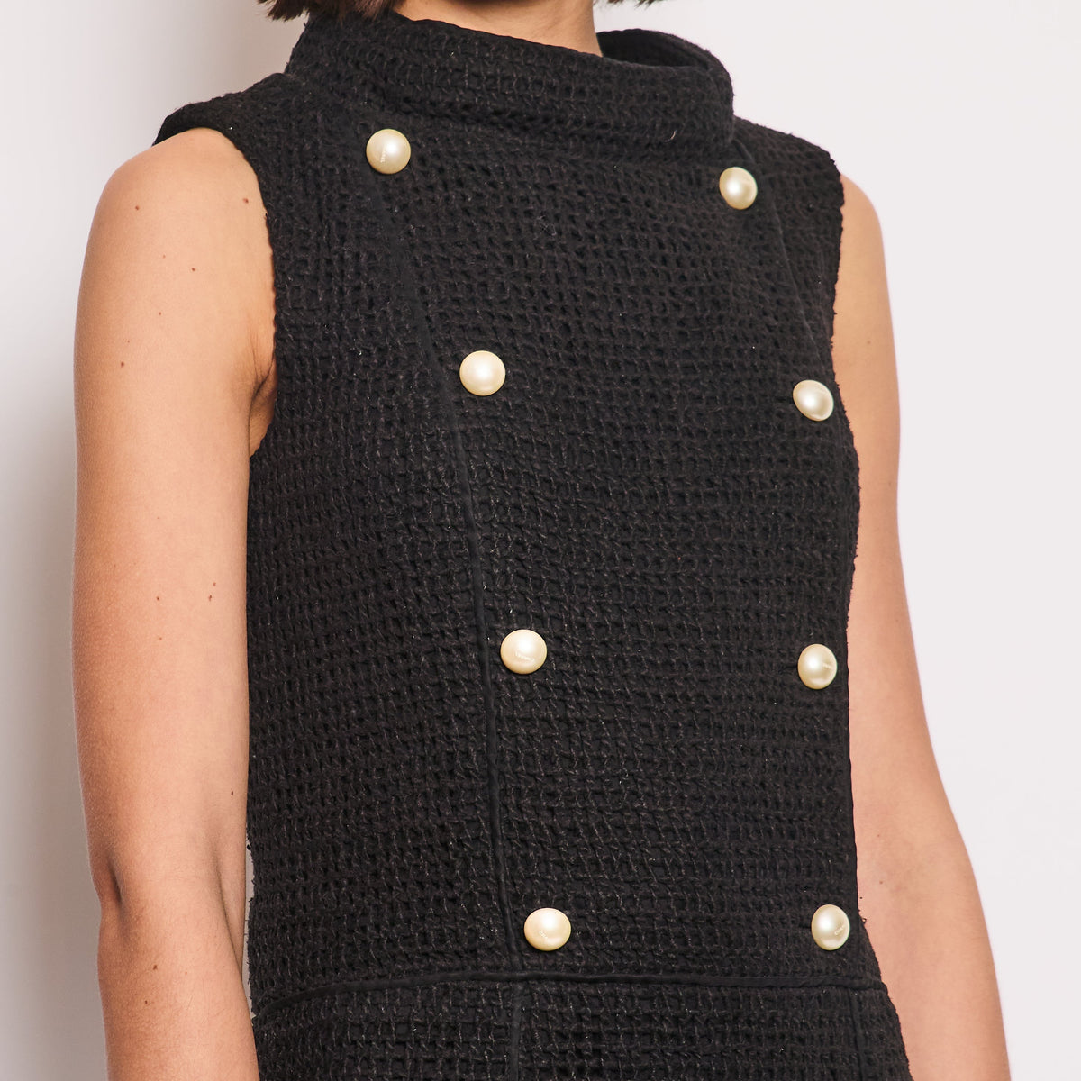 Chanel Sweaters? Chanel Black Knit Sleeveless Mini Dress with White Pearl Logo Details FR 40 (UK 12) Luxury Designer Knit Sweater