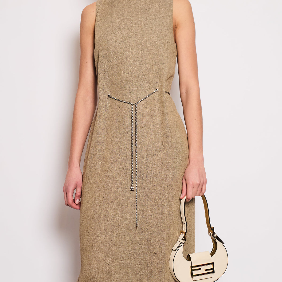 Chanel Dresses? Chanel 08P Beige Sleeveless Linen Maxi Dress with Silver Logo Chain Detail FR 40 (UK 12) Chic Everyday Designer Dress