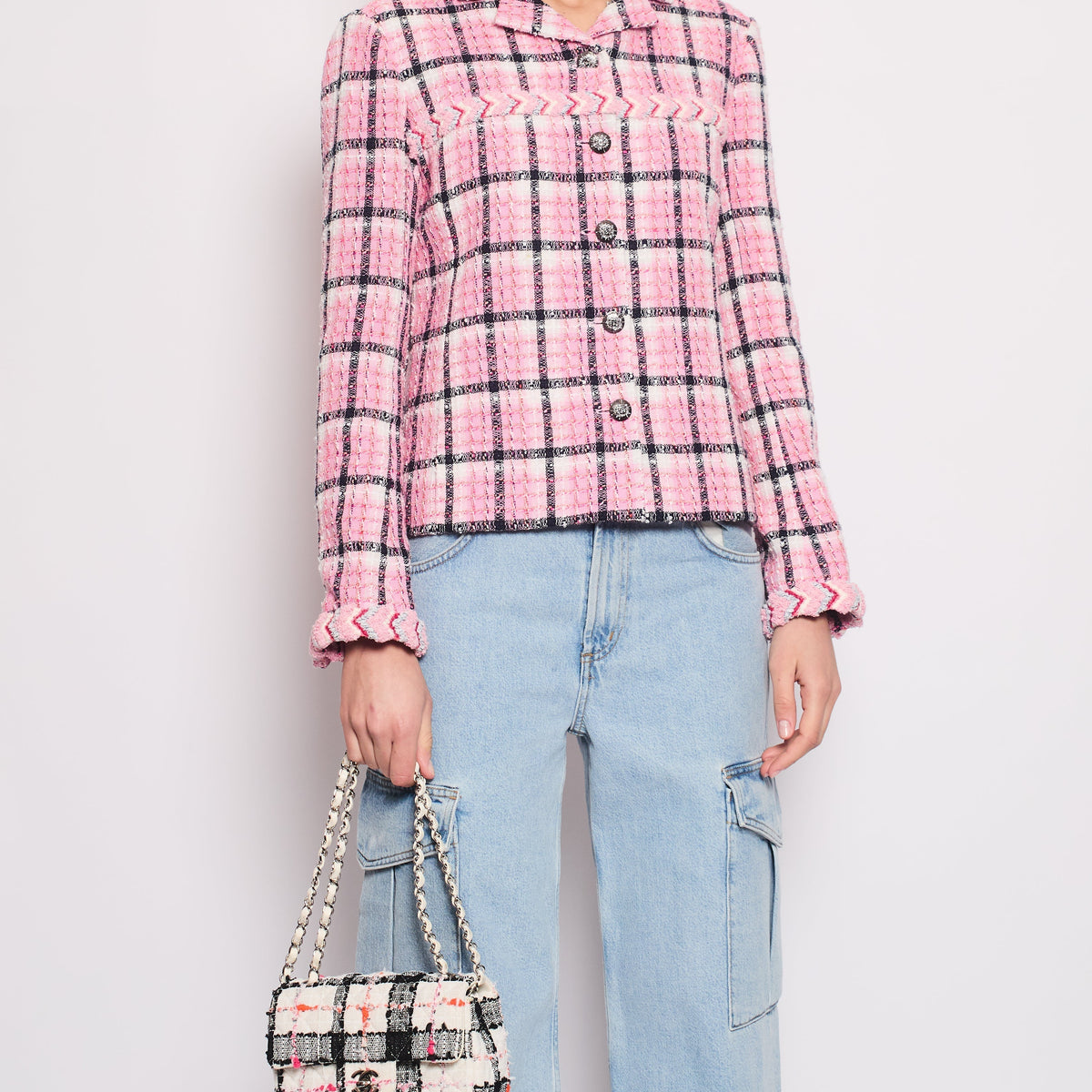 Chanel Jackets? Chanel 24 S Pink Checkered Tweed Jacket with Diamante Buttons Size FR 40 UK 12) Stylish Everyday Designer Outerwear