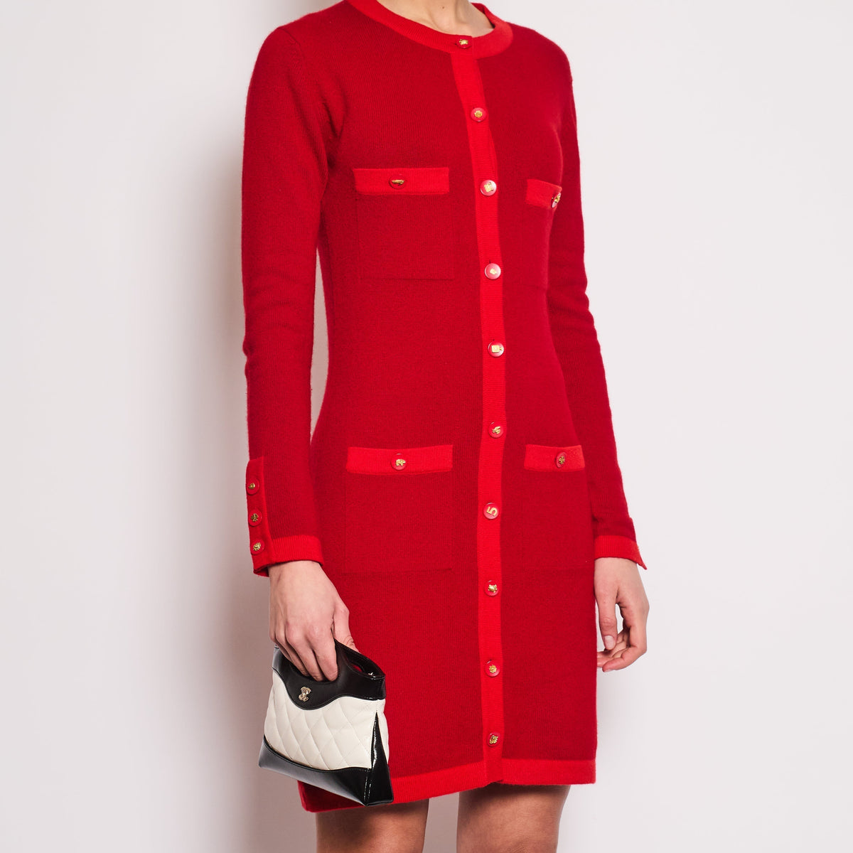 Chanel Sweaters? Chanel *HOT* Chanel Red Long Sleeve Knit Mini Dress with Multi Icon Logo Button Details FR 38 (UK 10) Premium Casual Designer Knitwear