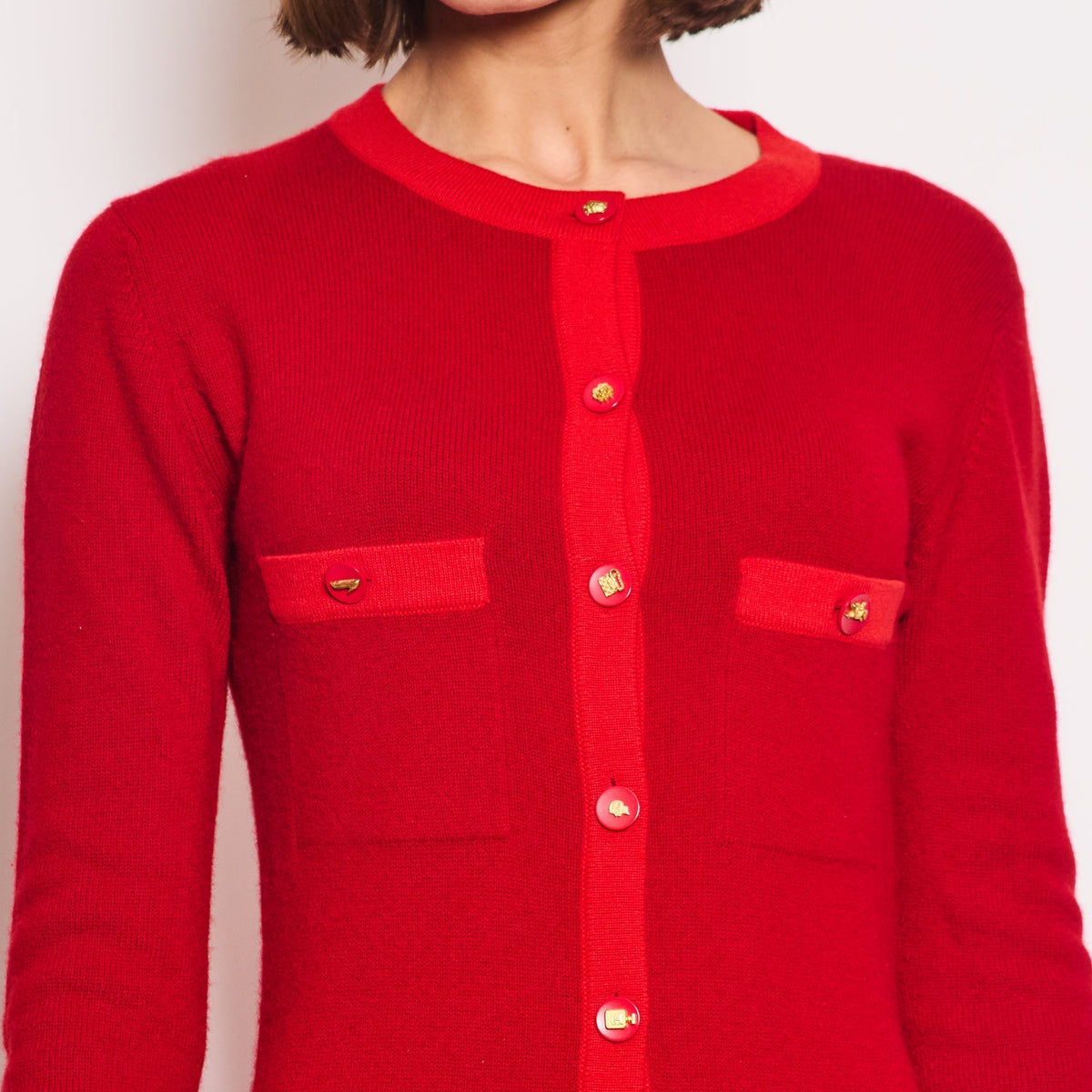 Chanel Sweaters? Chanel *HOT* Chanel Red Long Sleeve Knit Mini Dress with Multi Icon Logo Button Details FR 38 (UK 10) Premium Casual Designer Knitwear