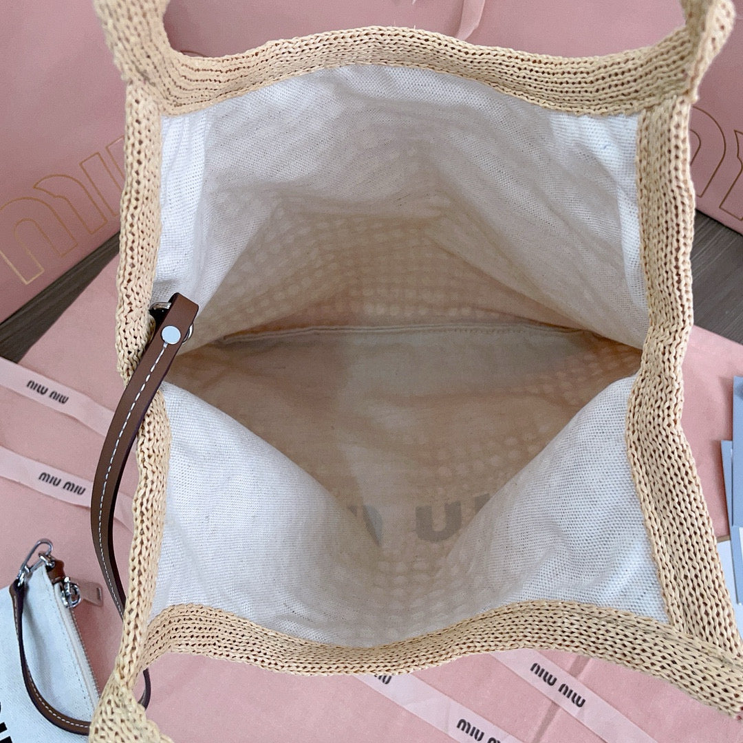 Bags- Miu M Woven Fabric Tote Bag Luxury Designer Leather Handbag