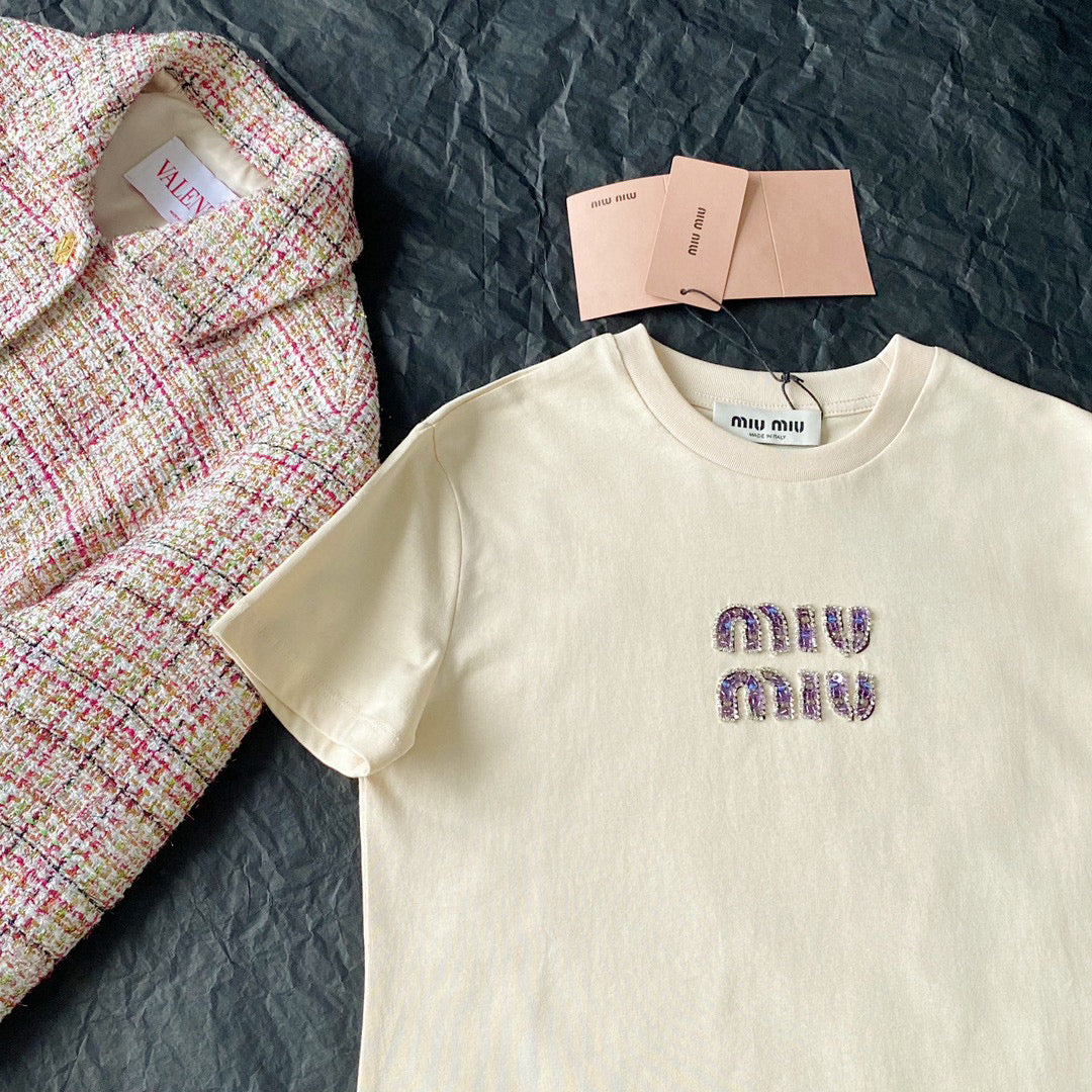 T-Shirts- Miu M T-shirt Casual Everyday Designer Tee