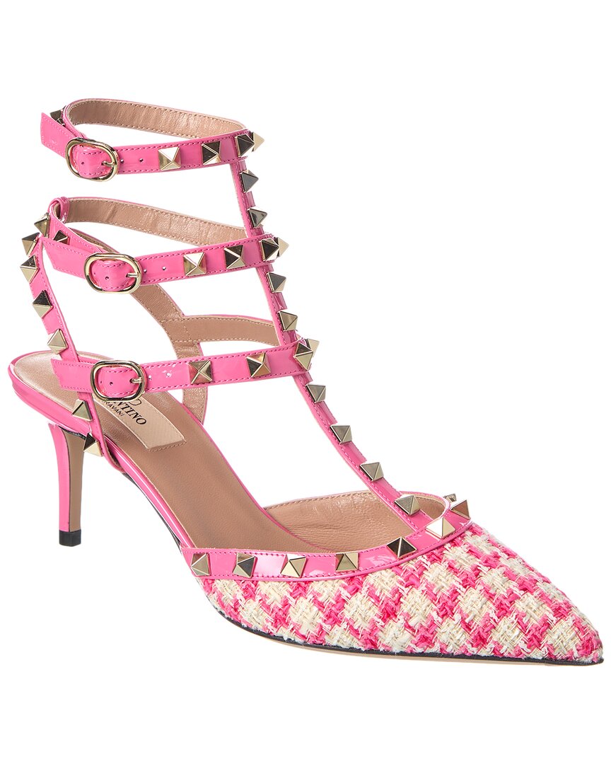 Valentino Shoes? Valentino Rockstud Caged 65 Tweed & Patent Ankle Strap Pump Premium Designer Casual Shoes
