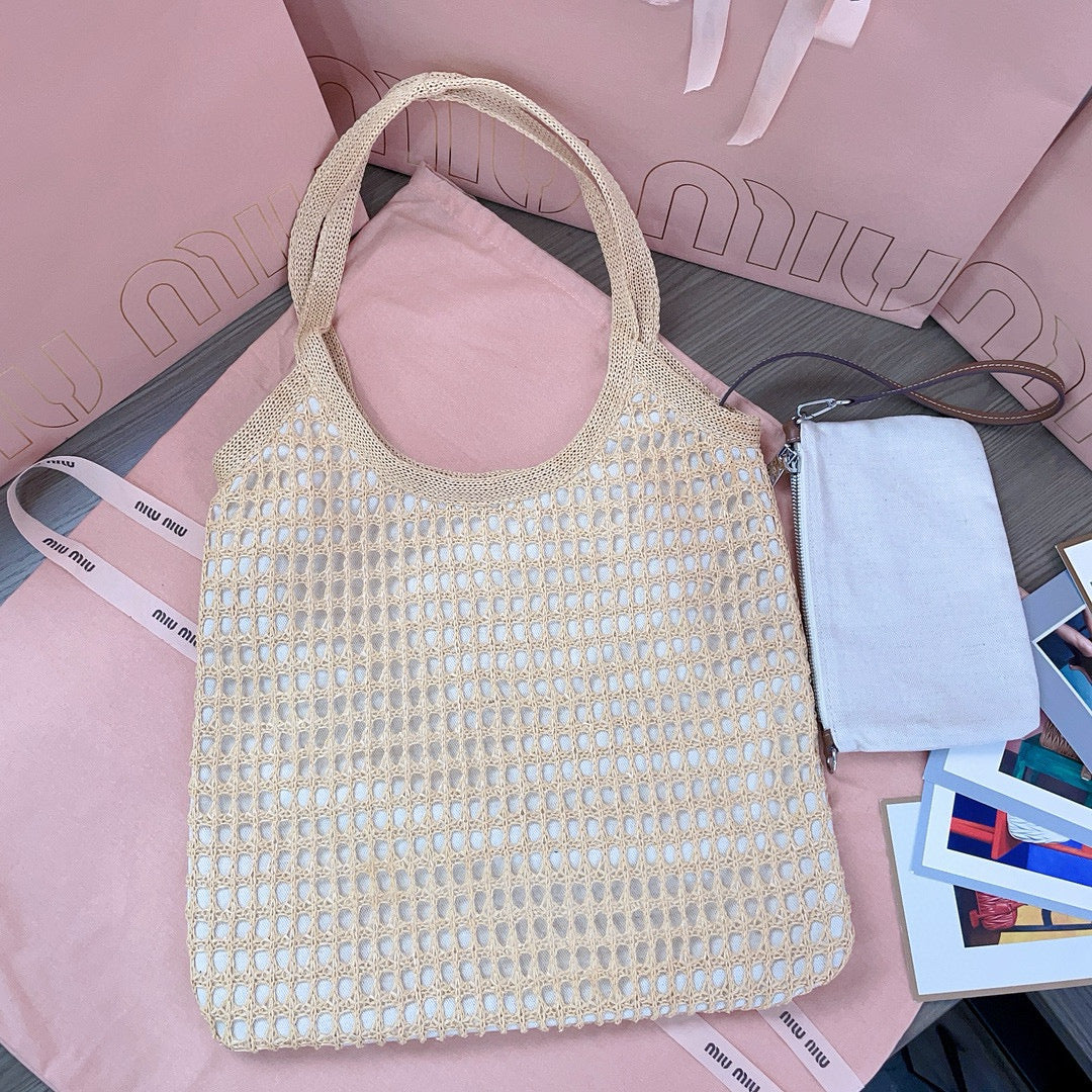 Bags- Miu M Woven Fabric Tote Bag Luxury Designer Leather Handbag