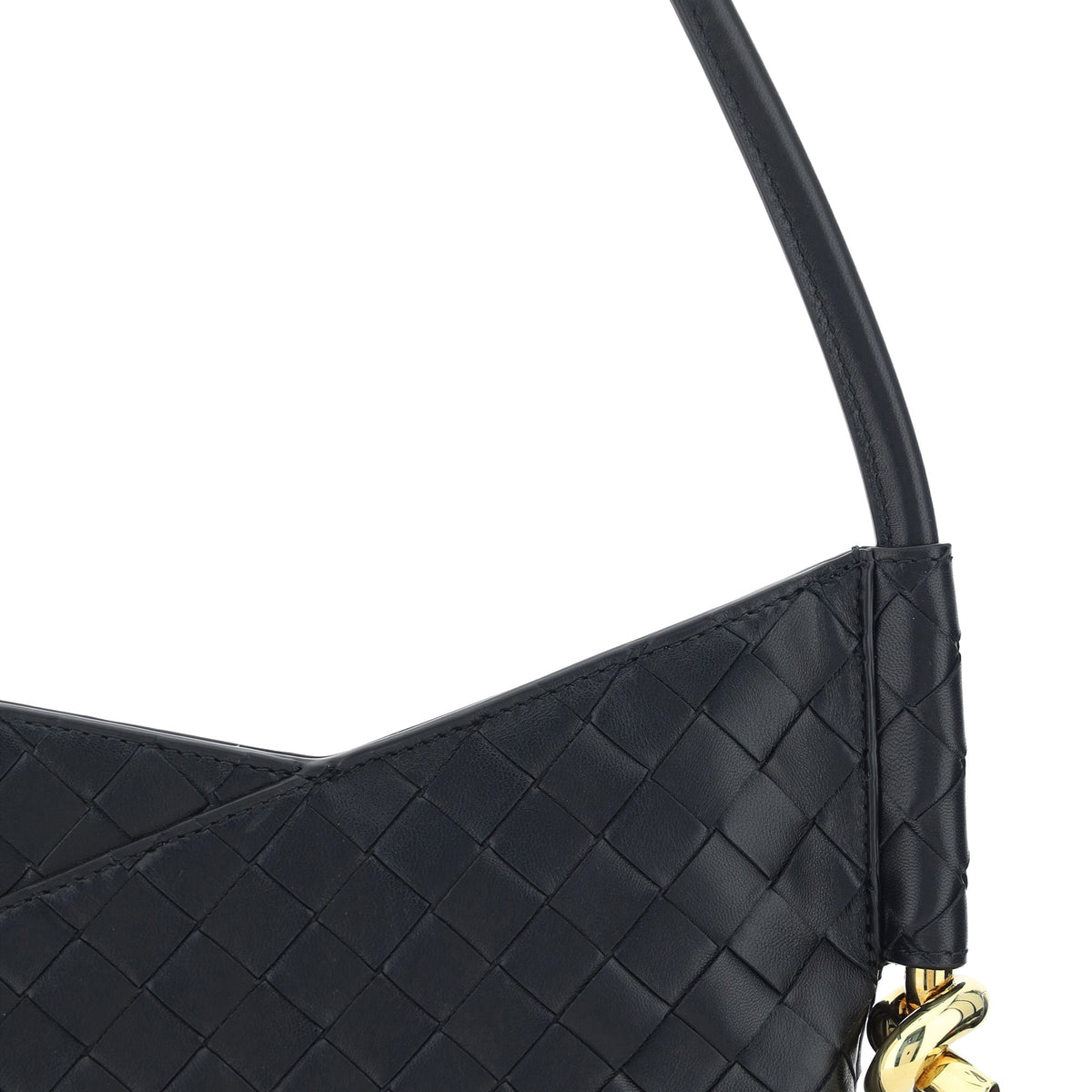 Close-up of Bottega Veneta shoulder bags hardware and fine stitching