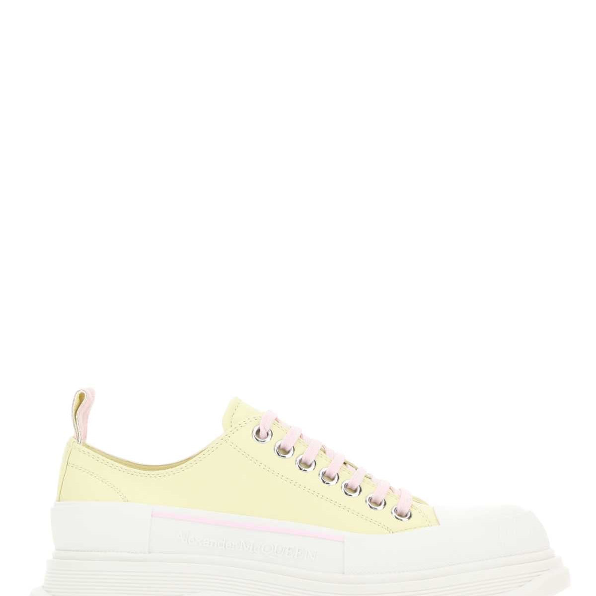 Alexander McQueen Shoes? Alexander Mcqueen Women Pastel Yellow Leather Tread Slick Sneakers Comfortable Everyday Designer Shoes
