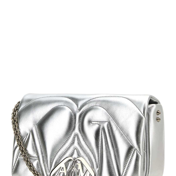 Alexander McQueen Bags? Alexander Mcqueen Women Silver Leather Small Seal Shoulder Bag Luxury Designer Leather Handbag