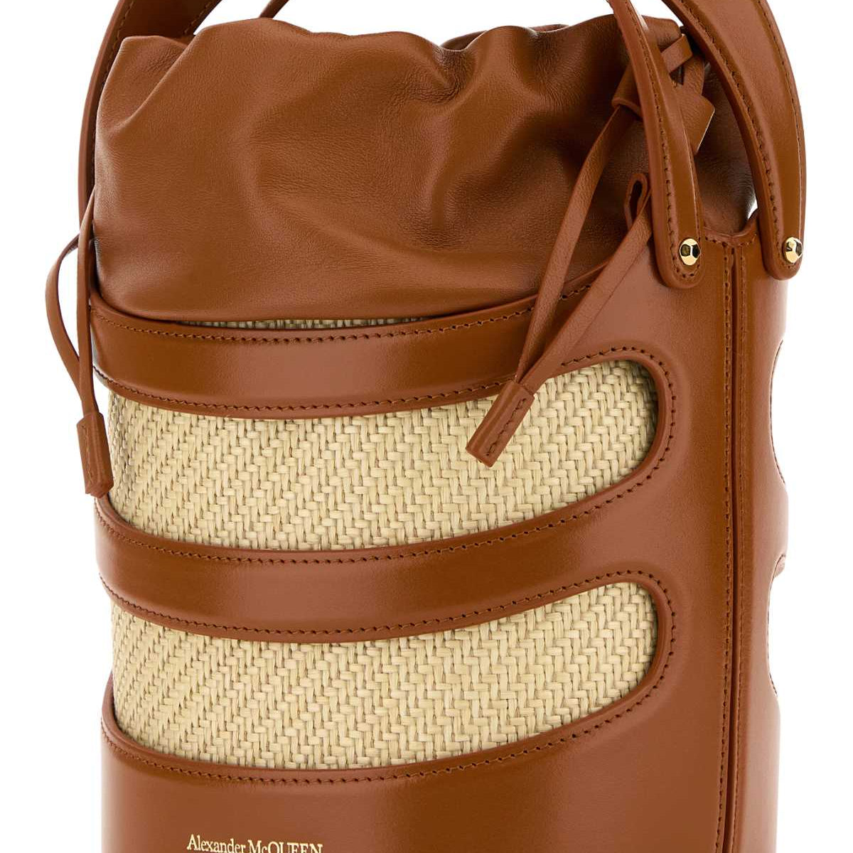 Alexander McQueen Bags- Alexander Mcqueen Women Two-Tone Leather And Raffia The Rise Bucket Bag Luxury Designer Leather Handbag