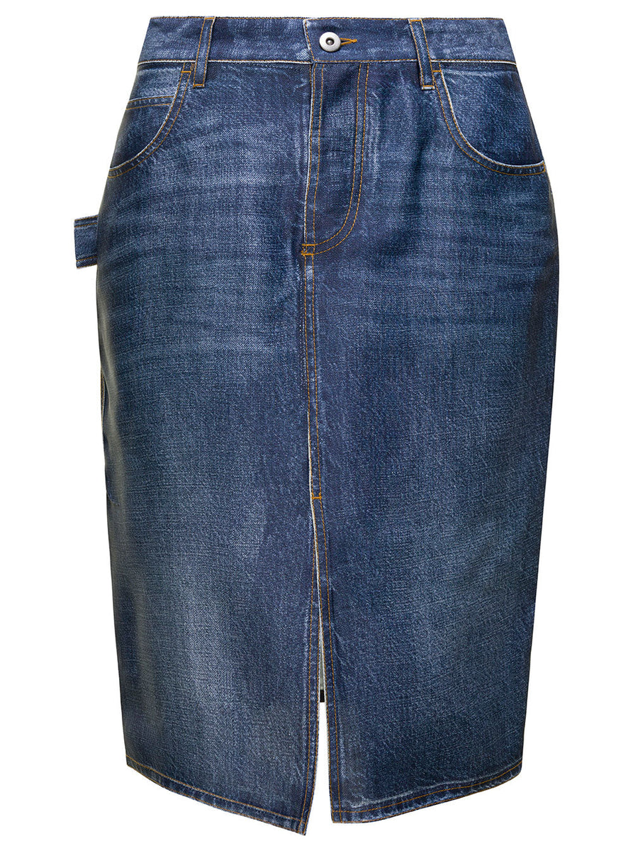 Bottega Veneta Skirts? Bottega Veneta Women Midi Blue Skirt With Logo Ptahc In Denim Printed Silk And Viscose Woman Elegant Designer Casual Skirt