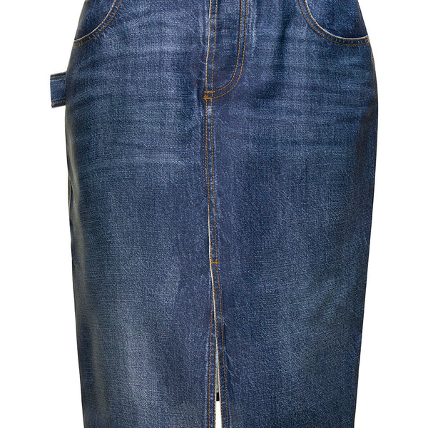 Bottega Veneta Skirts? Bottega Veneta Women Midi Blue Skirt With Logo Ptahc In Denim Printed Silk And Viscose Woman Elegant Designer Casual Skirt