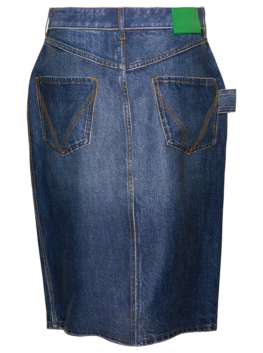 Bottega Veneta Skirts? Bottega Veneta Women Midi Blue Skirt With Logo Ptahc In Denim Printed Silk And Viscose Woman Elegant Designer Casual Skirt