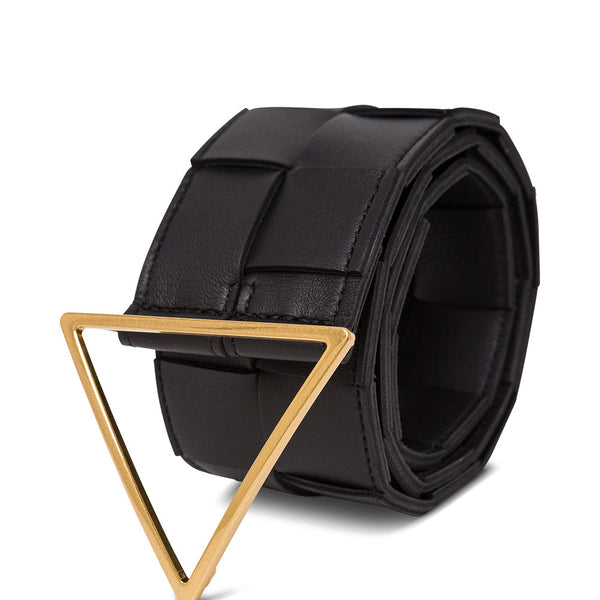 Bottega Veneta Belts? Bottega Veneta Women Black Leather Belt With Tringolar Buckle Classic Everyday Designer Belt