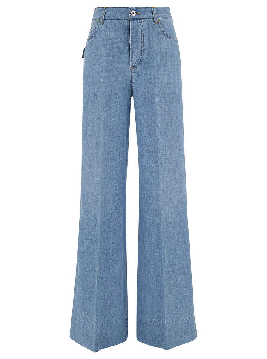 Bottega Veneta Jeans? Bottega Veneta Women Light Blue Wide Jeans With Logo Patch In Cotton Denim Woman Premium Designer Denim Jeans