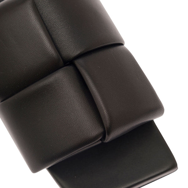 Close-up of Bottega Veneta flats hardware and fine stitching