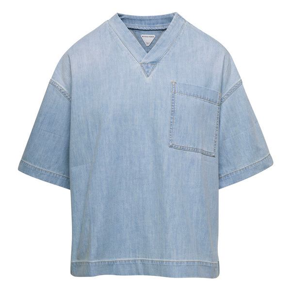 Bottega Veneta T-Shirts? Bottega Veneta Women Light Blue V Neckline T-Shirt In Denim Woman Premium Designer Cotton T-Shirt