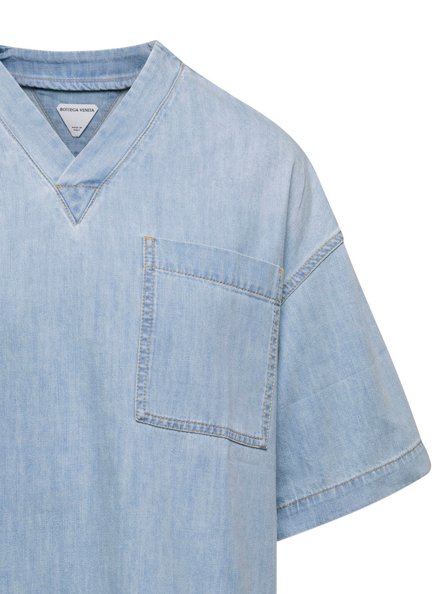 Bottega Veneta T-Shirts? Bottega Veneta Women Light Blue V Neckline T-Shirt In Denim Woman Premium Designer Cotton T-Shirt