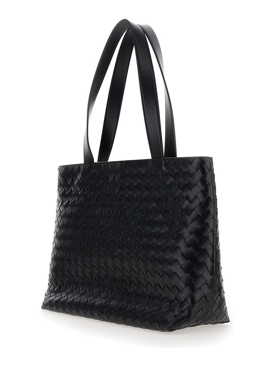 Bottega Veneta Bags? Bottega Veneta Men 'Small Intrecciato' Black Tote Bag With Zip Closure In Leather Man Elegant Everyday Designer Handbag