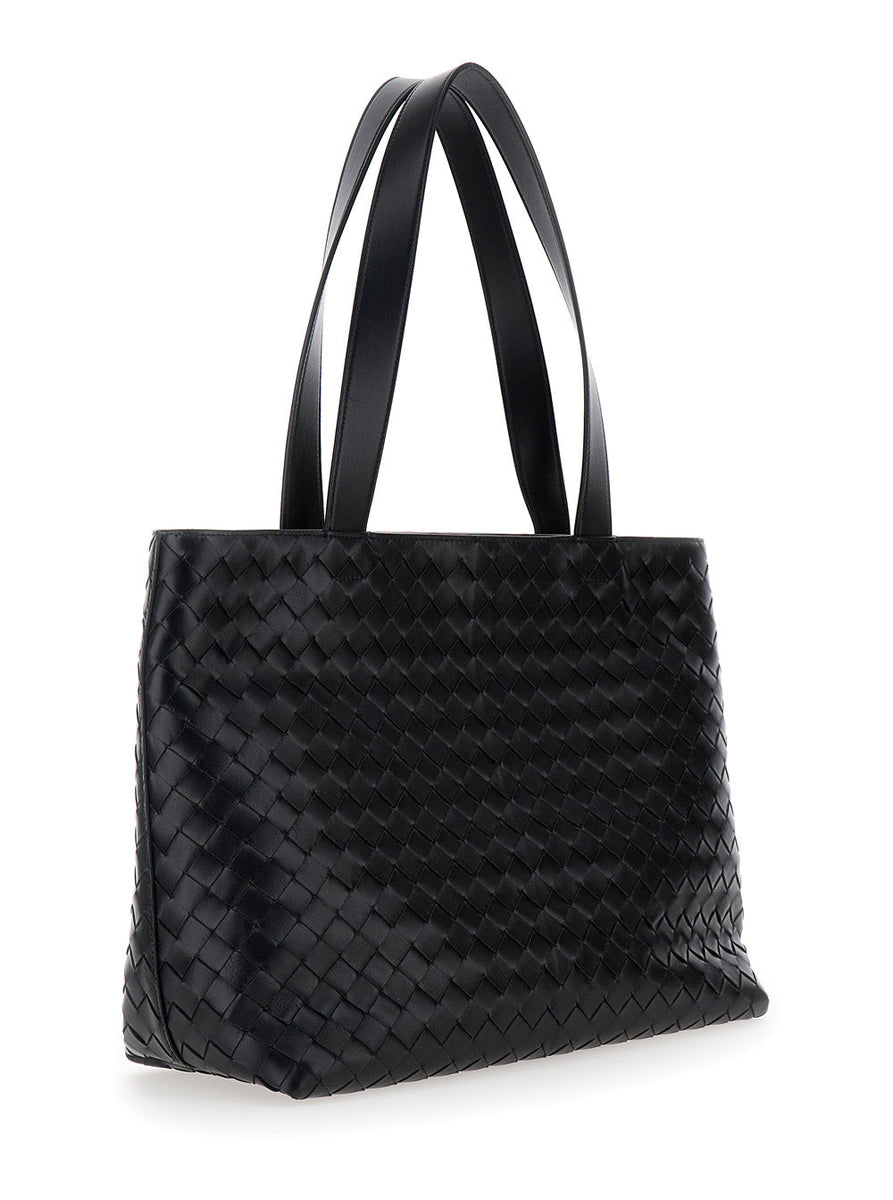 Bottega Veneta Bags? Bottega Veneta Men 'Small Intrecciato' Black Tote Bag With Zip Closure In Leather Man Elegant Everyday Designer Handbag