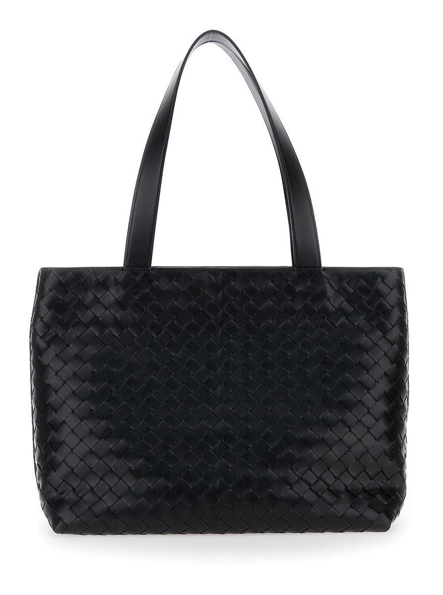 Bottega Veneta Bags? Bottega Veneta Men 'Small Intrecciato' Black Tote Bag With Zip Closure In Leather Man Elegant Everyday Designer Handbag
