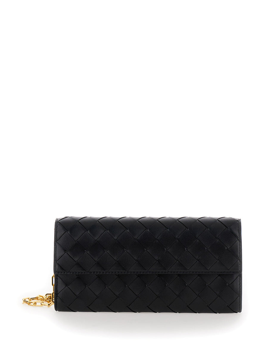 Bottega Veneta Wallets? Bottega Veneta Women Black Chain Wallet With Intreccio Motif In Leather Woman Elegant Everyday Leather Wallet