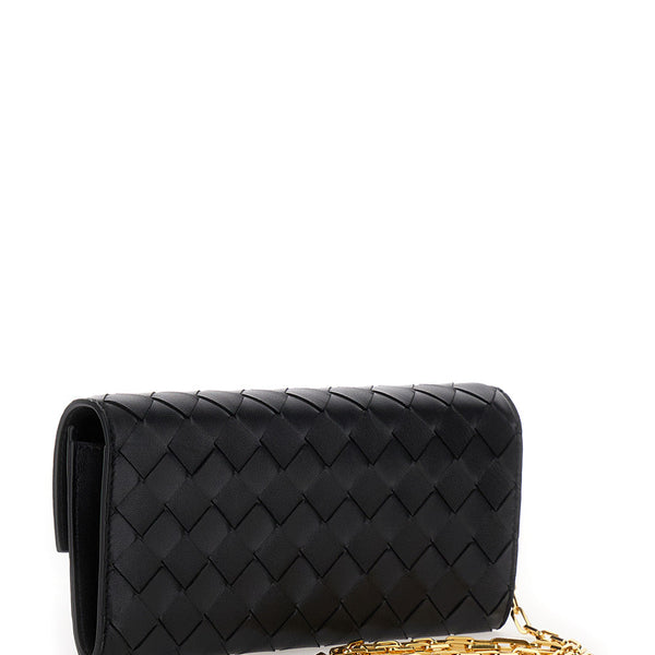 Bottega Veneta Wallets? Bottega Veneta Women Black Chain Wallet With Intreccio Motif In Leather Woman Elegant Everyday Leather Wallet