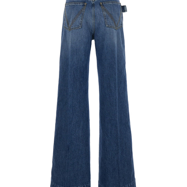 Bottega Veneta Jeans? Bottega Veneta Women Blue Palazzo Pants With Logo Patch In Denim Woman Classic Everyday Designer Jeans