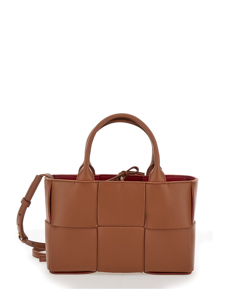 Bottega Veneta Bags? Bottega Veneta Women 'Arco Tote Mini' Brown Handbag With Intreccio Motif In Leather Woman Luxury Designer Leather Handbag