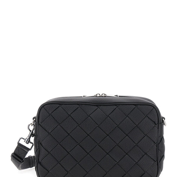 Bottega Veneta Bags? Bottega Veneta Men 'Messenger Medium' Black Crossbody Bag With Intreccio Motif In Hammered Leather Man Premium Designer Shoulder Bag