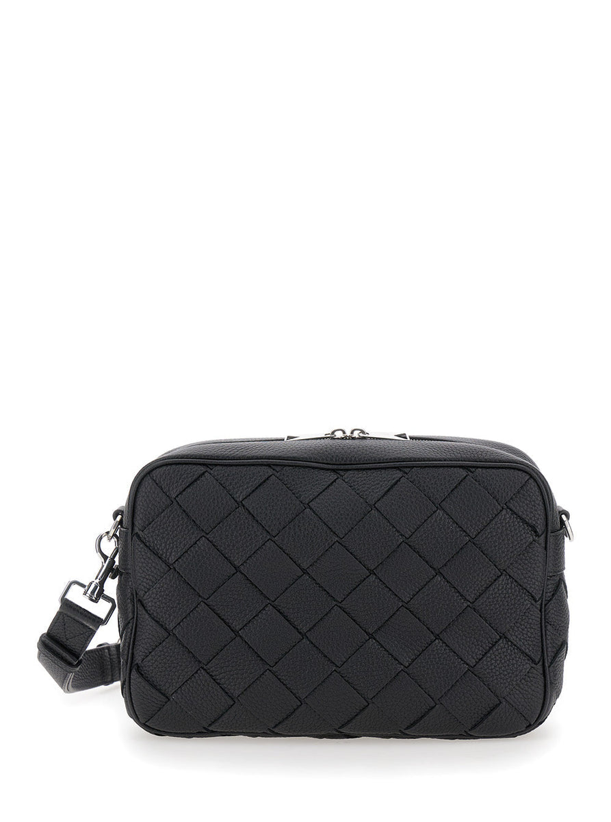 Bottega Veneta Bags? Bottega Veneta Men 'Messenger Medium' Black Crossbody Bag With Intreccio Motif In Hammered Leather Man Premium Designer Shoulder Bag