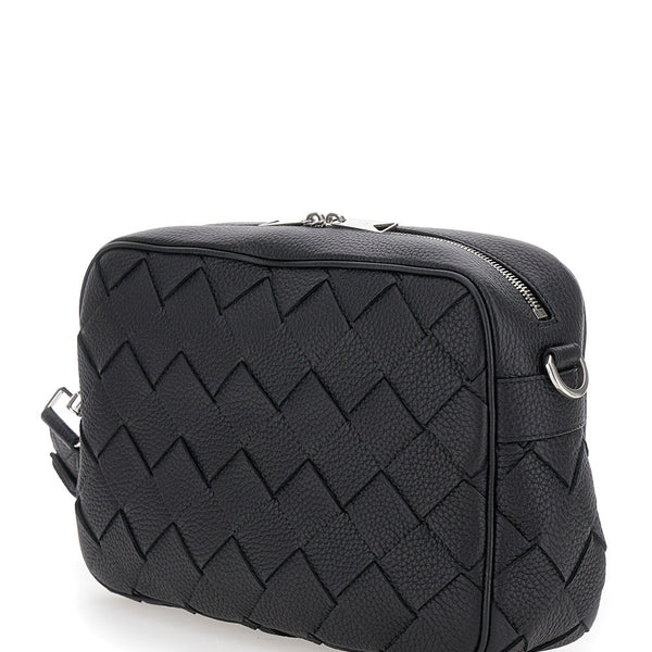 Bottega Veneta Bags? Bottega Veneta Men 'Messenger Medium' Black Crossbody Bag With Intreccio Motif In Hammered Leather Man Premium Designer Shoulder Bag