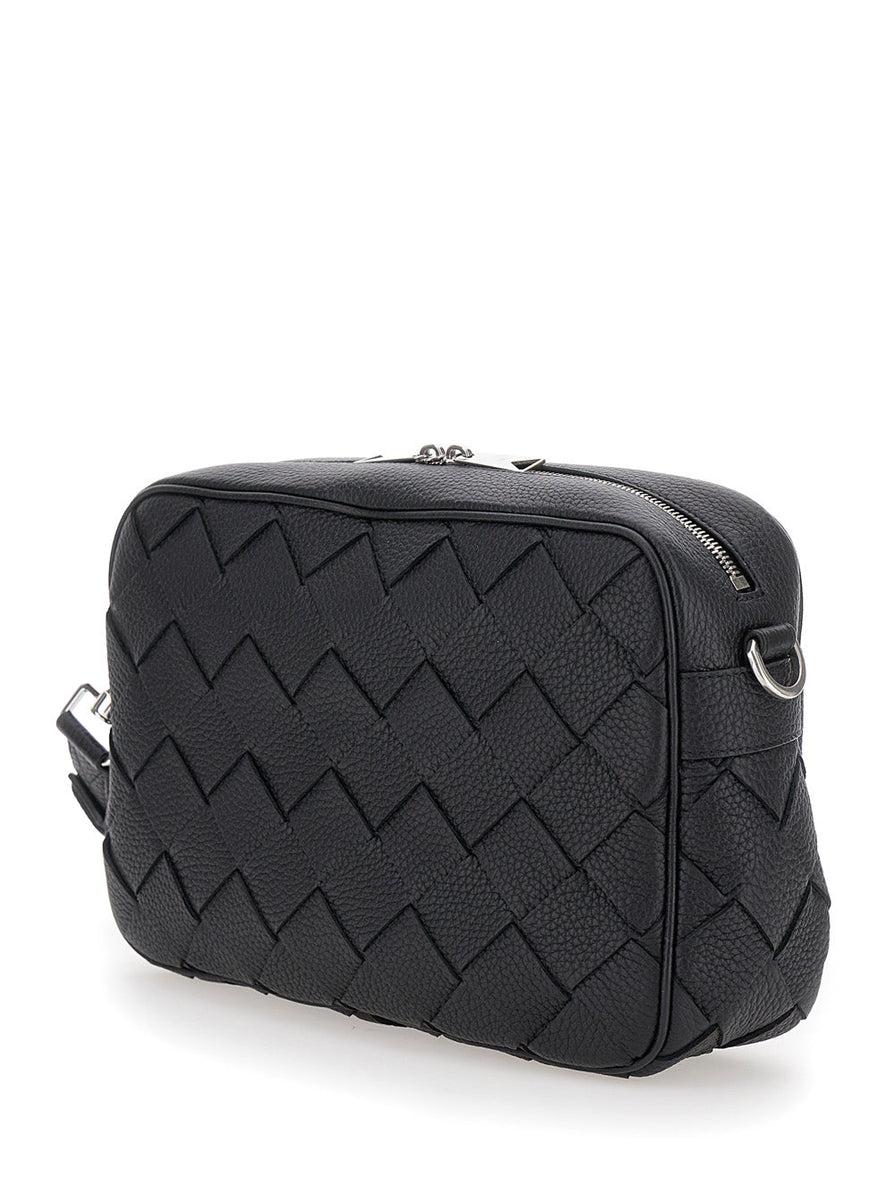 Bottega Veneta Bags? Bottega Veneta Men 'Messenger Medium' Black Crossbody Bag With Intreccio Motif In Hammered Leather Man Premium Designer Shoulder Bag