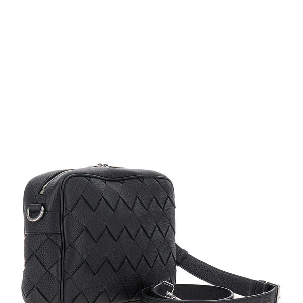 Bottega Veneta Bags? Bottega Veneta Men 'Messenger Medium' Black Crossbody Bag With Intreccio Motif In Hammered Leather Man Premium Designer Shoulder Bag