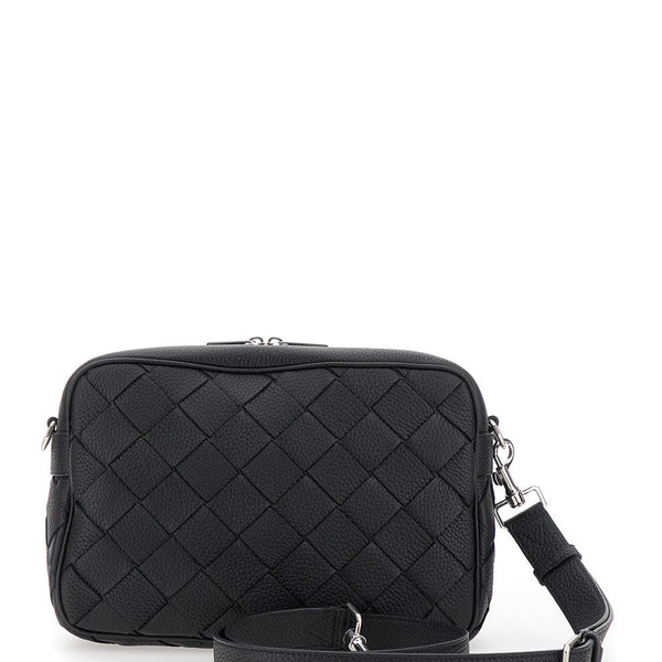 Bottega Veneta Bags? Bottega Veneta Men 'Messenger Medium' Black Crossbody Bag With Intreccio Motif In Hammered Leather Man Premium Designer Shoulder Bag