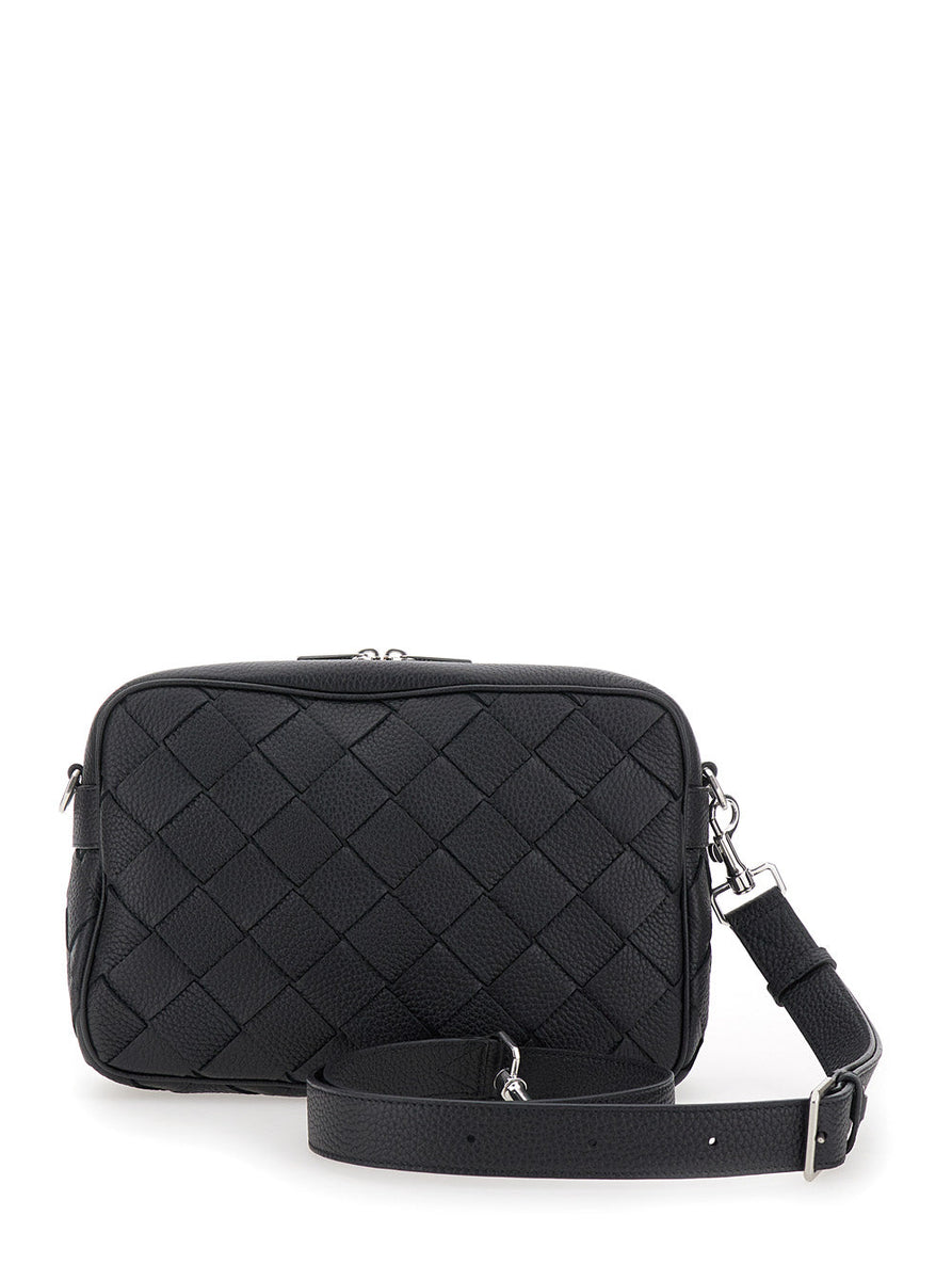 Bottega Veneta Bags? Bottega Veneta Men 'Messenger Medium' Black Crossbody Bag With Intreccio Motif In Hammered Leather Man Premium Designer Shoulder Bag