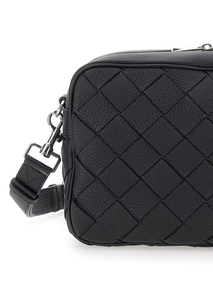Bottega Veneta Bags? Bottega Veneta Men 'Messenger Medium' Black Crossbody Bag With Intreccio Motif In Hammered Leather Man Premium Designer Shoulder Bag