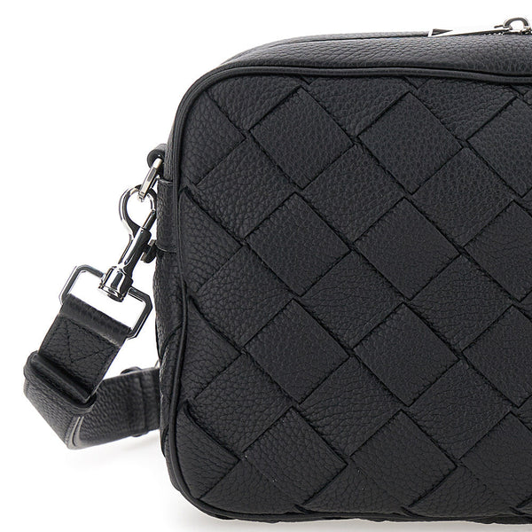 Bottega Veneta Bags? Bottega Veneta Men 'Messenger Medium' Black Crossbody Bag With Intreccio Motif In Hammered Leather Man Premium Designer Shoulder Bag