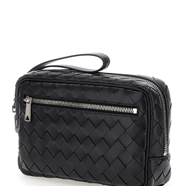 Bottega Veneta Bags? Bottega Veneta Men 'Intrecciato Small' Black Pouch With Strap In Leather Man Elegant Everyday Designer Handbag