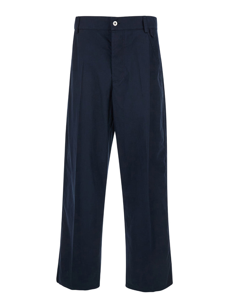 Bottega Veneta Pants? Bottega Veneta Men Blue Straight Leg Pants With Logo Patch In Cotton Man Tailored Everyday Designer Pants