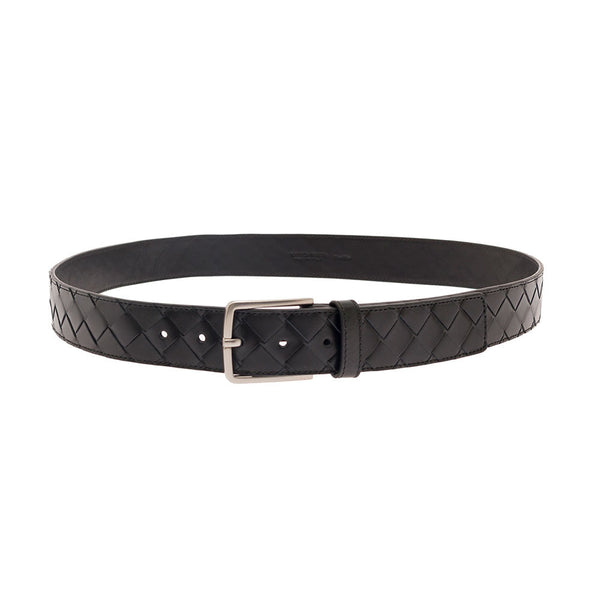 Bottega Veneta Belts? Bottega Veneta Men Black Belt With Silver-Colored Buckle In Intreccio Leather Man Premium Leather Designer Belt
